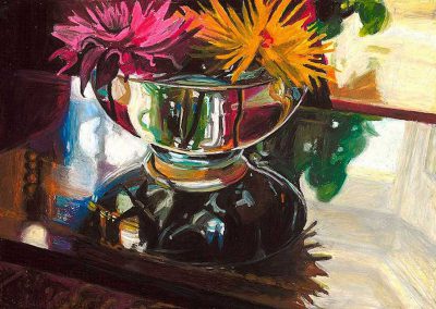 Hallie Watson - "Dahlias in Glass Bowl with Reflections"