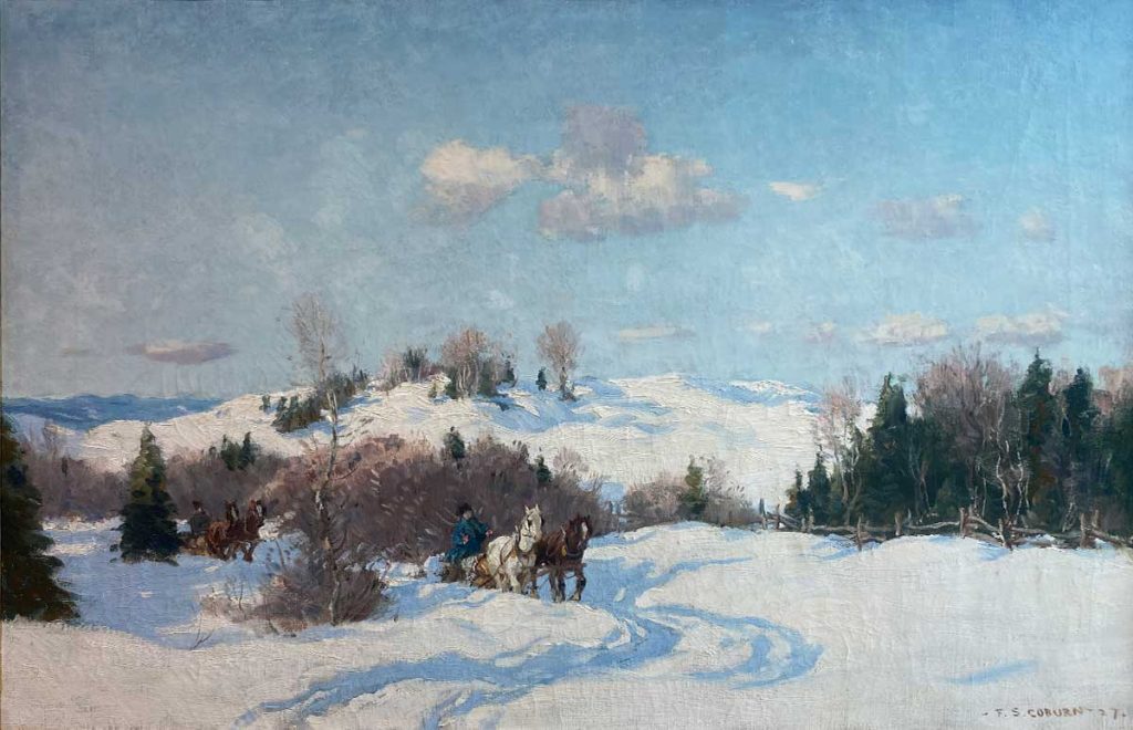 Team of Horses Pulling Sled of Logs